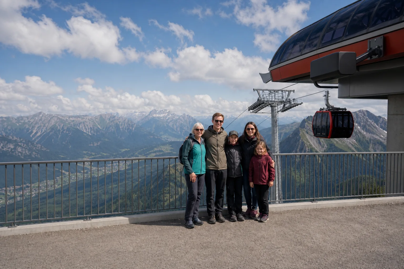Mountain visitors near a cable car photographed by an eSelfie camera