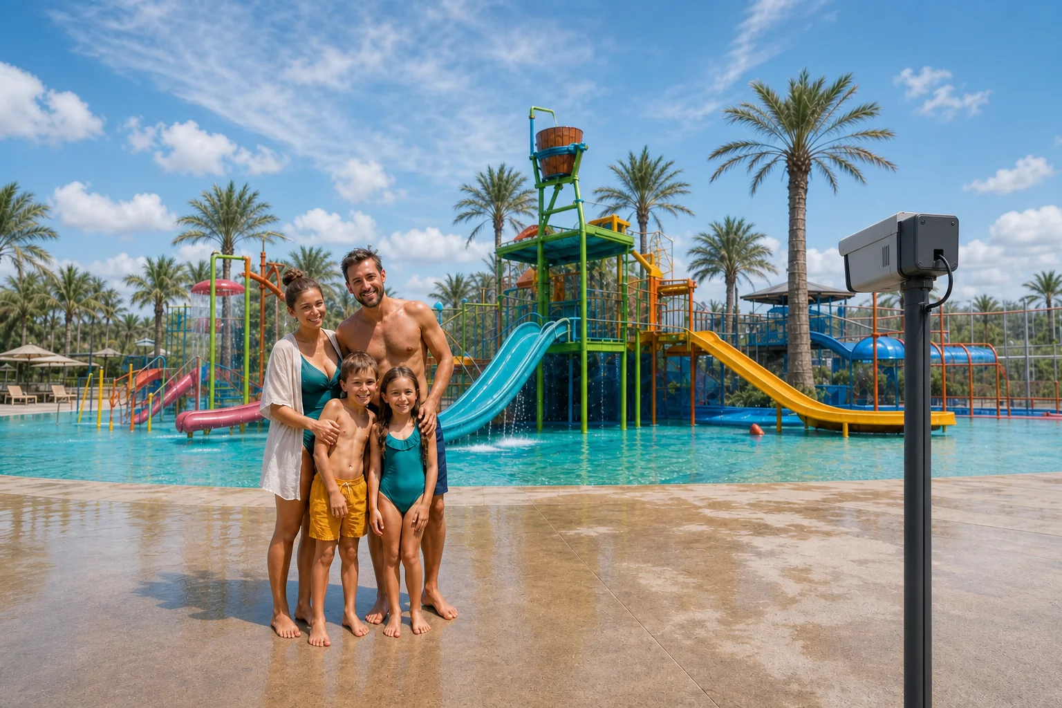 A family photographed by an eSelfie camera at a colourful outdoor attraction