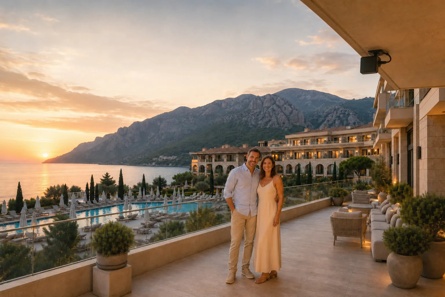 Para na tarasie resortu fotografowana przez kamerę ustawioną przed nimi