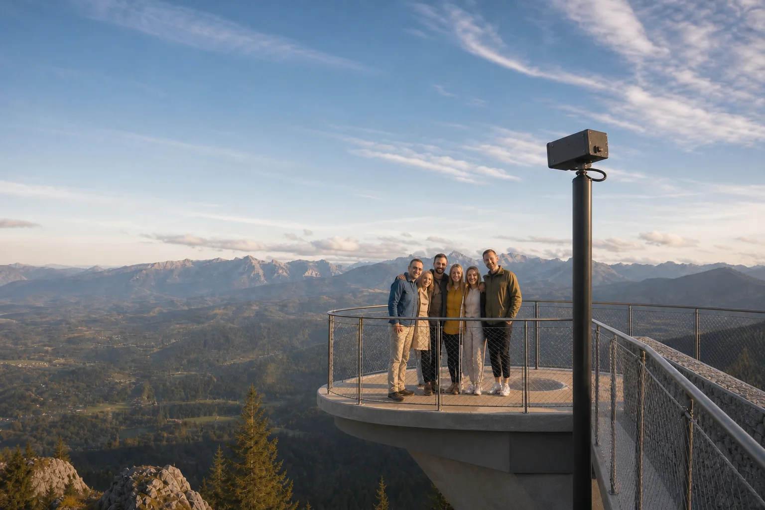 Visitors with a wide mountain and lake view